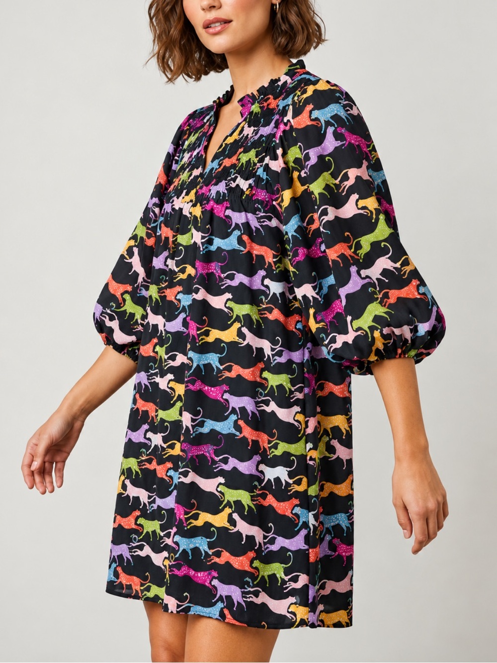 Michelle McDowell Black Colorful Leopard Print Smocked Midi Dress